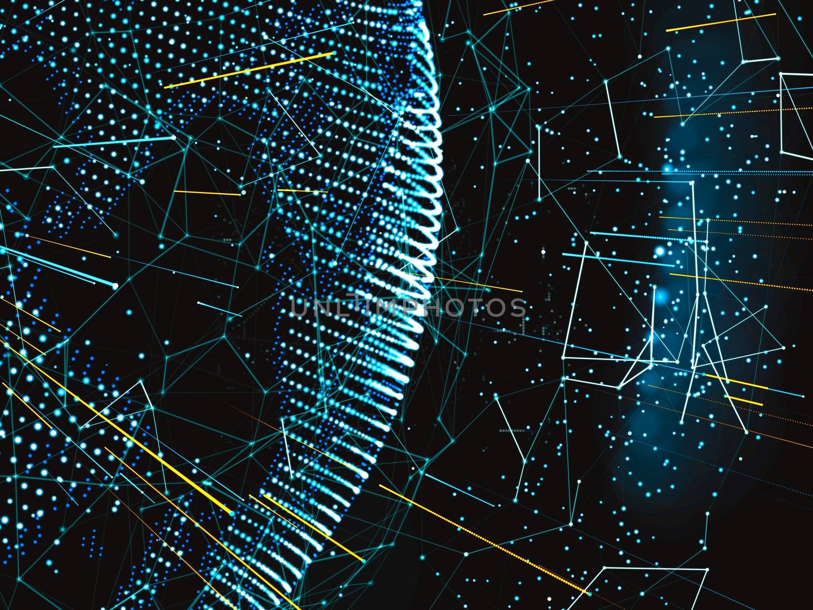 An array of points in the form of a world map are connected to the network. Social networks, payments, the Internet presented in an abstract digital form. 3d illustration