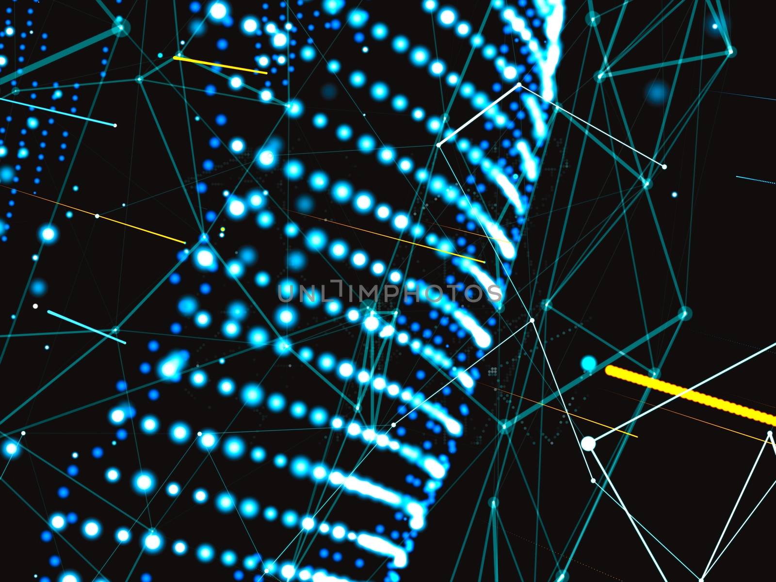 An array of points in the form of a world map are connected to the network. Social networks, payments, the Internet presented in an abstract digital form. 3d illustration