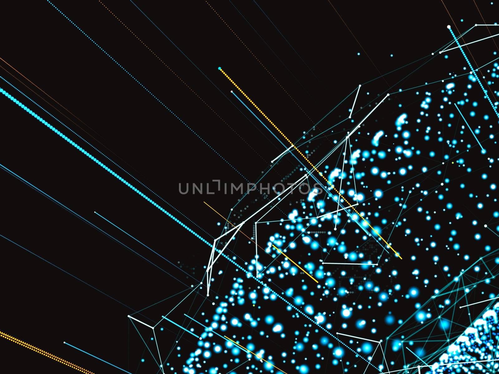 An array of points in the form of a world map are connected to the network. Social networks, payments, the Internet presented in an abstract digital form. 3d illustration