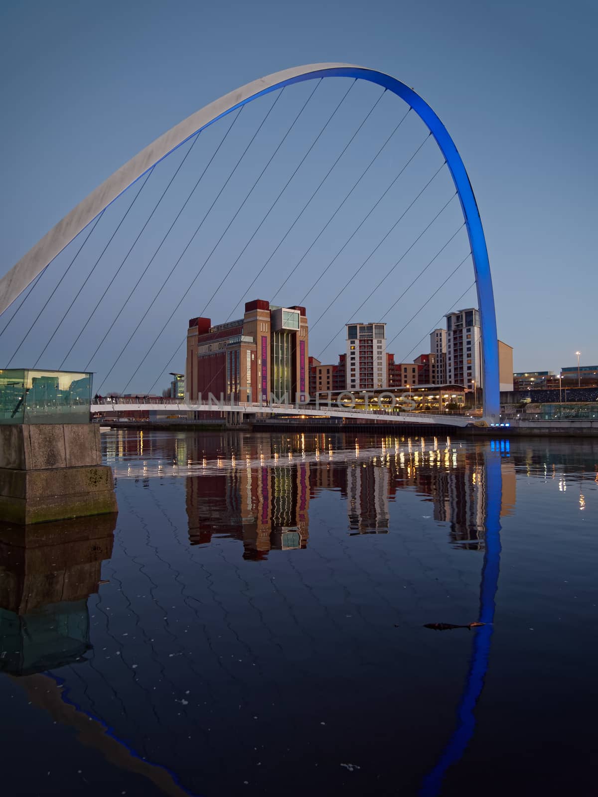 GATESHEAD, TYNE AND WEAR/UK - JANUARY 20 : View of the Millennium Bridge at dusk in Gateshead, Tyne and Wear on January 20, 2018