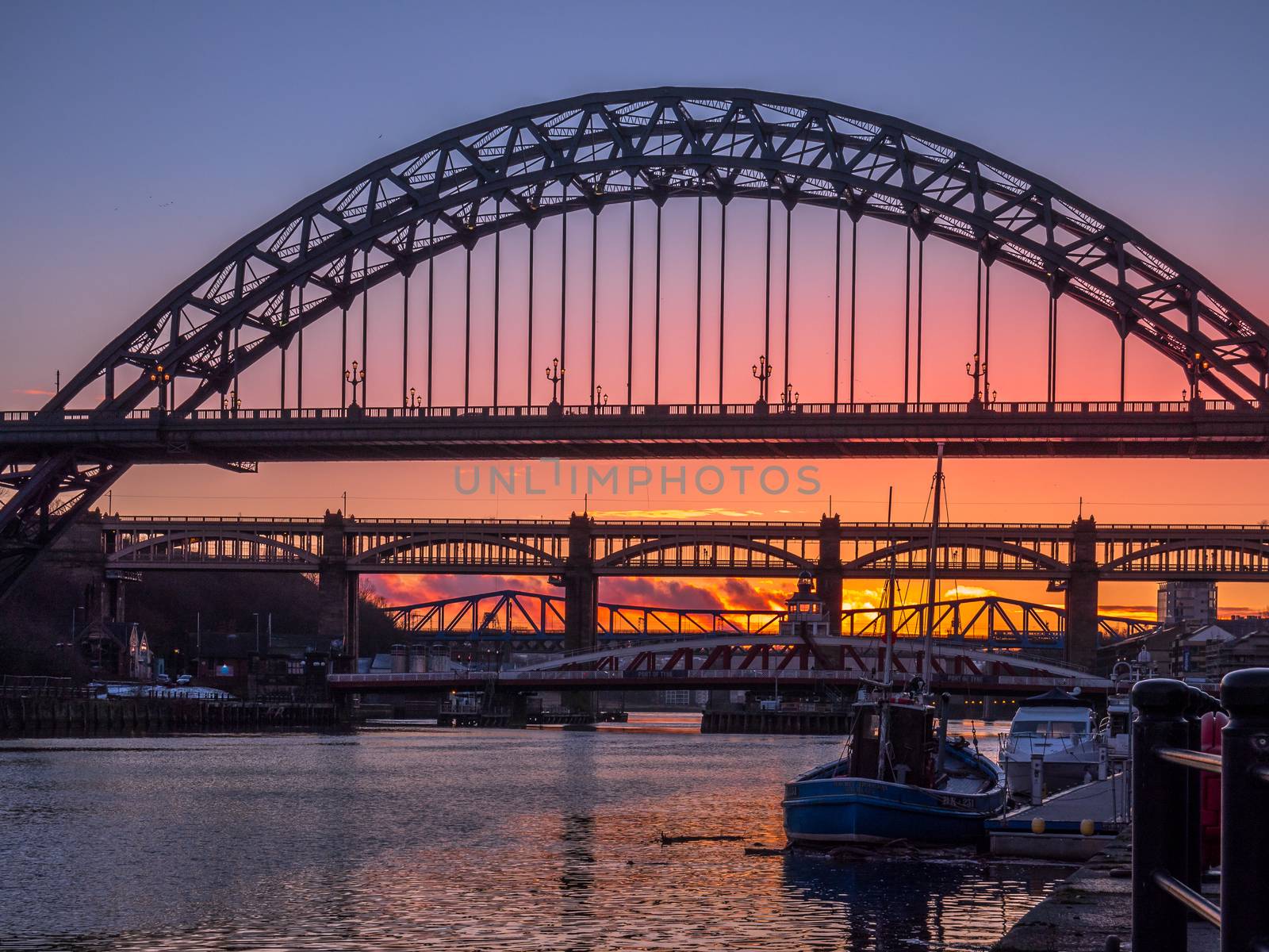 NEWCASTLE UPON TYNE, TYNE AND WEAR/UK - JANUARY 20 : Sunset over the Bridges of Newcastle upon Tyne, Tyne and Wear on January 20, 2018