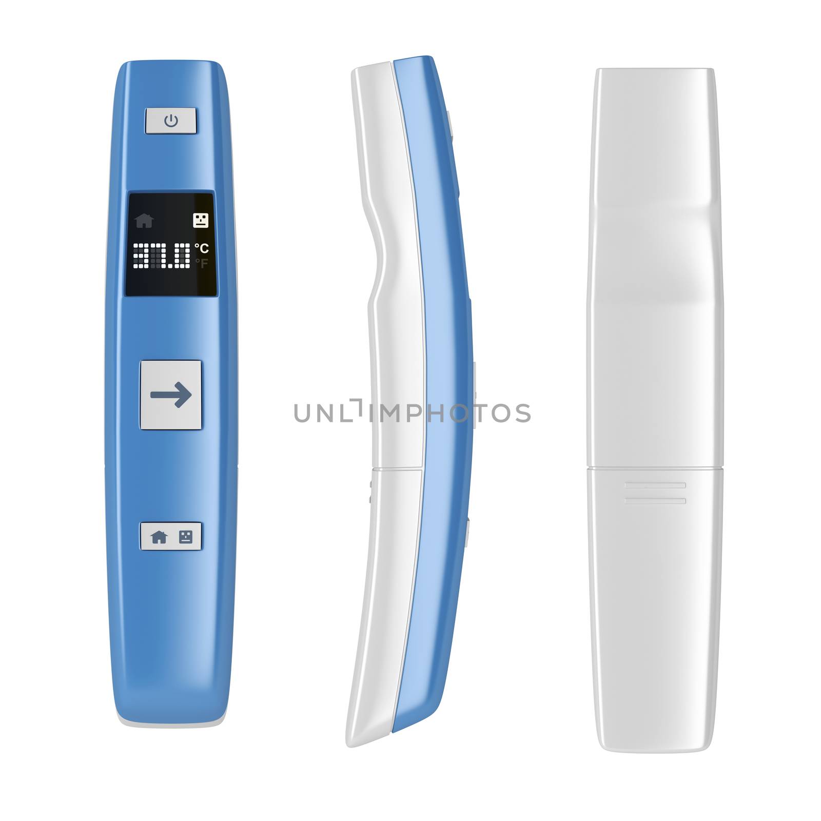Non-contact medical thermometer, isolated on white background. Front, back and side view.