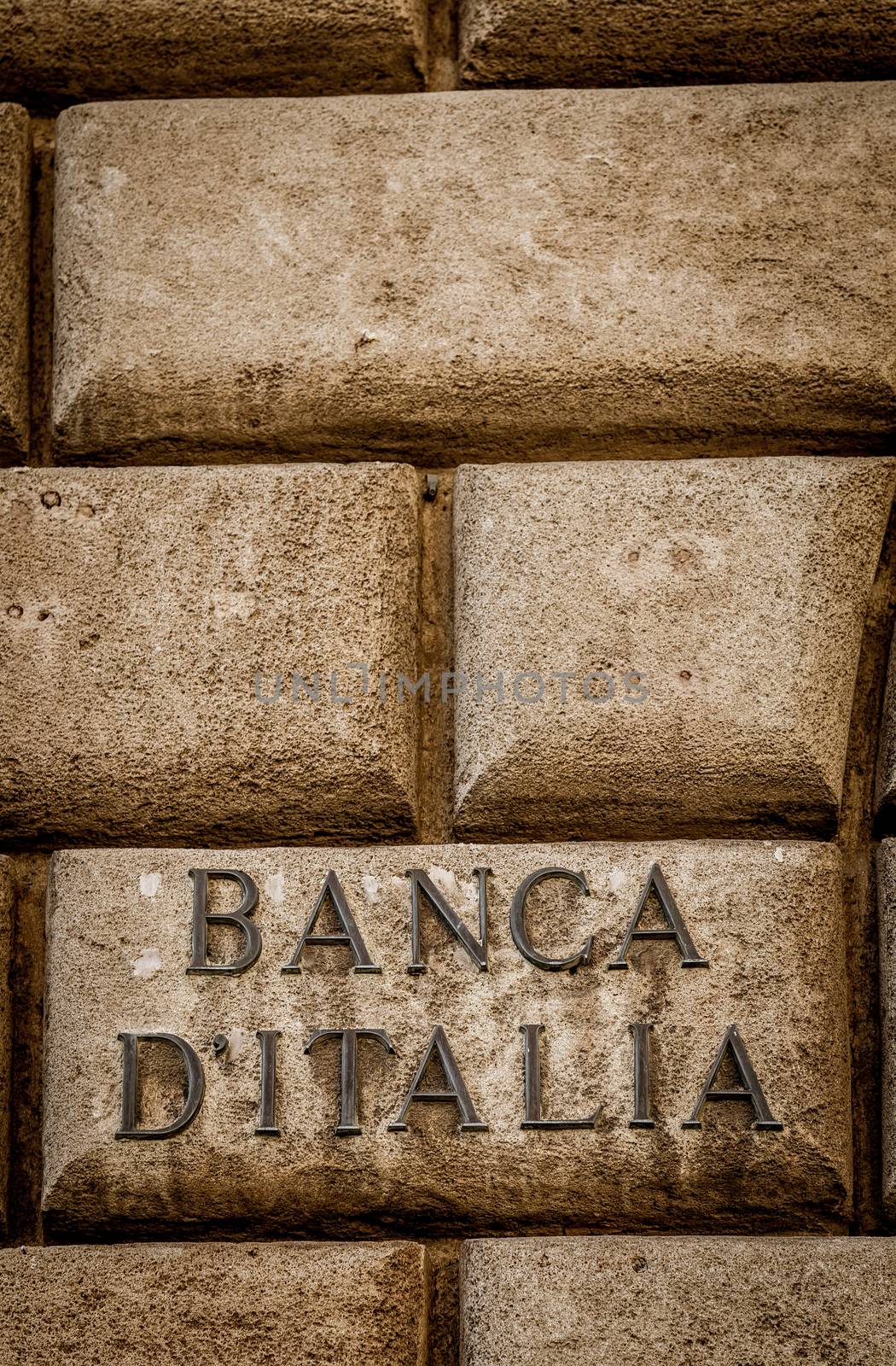 Banca d'Italia (bank of Italy) text on an old wall close to the entrance of the institute in Lecce