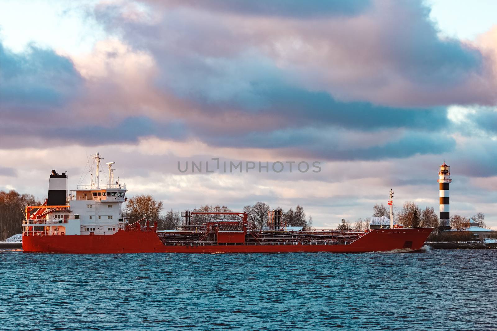 Red cargo oil tanker moving to Baltic sea