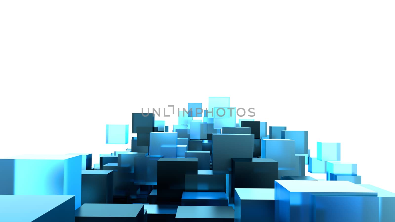 A Blue Cubes Abstract Background For Your Design. White Background And Transparent Cubes. 3D Illustration