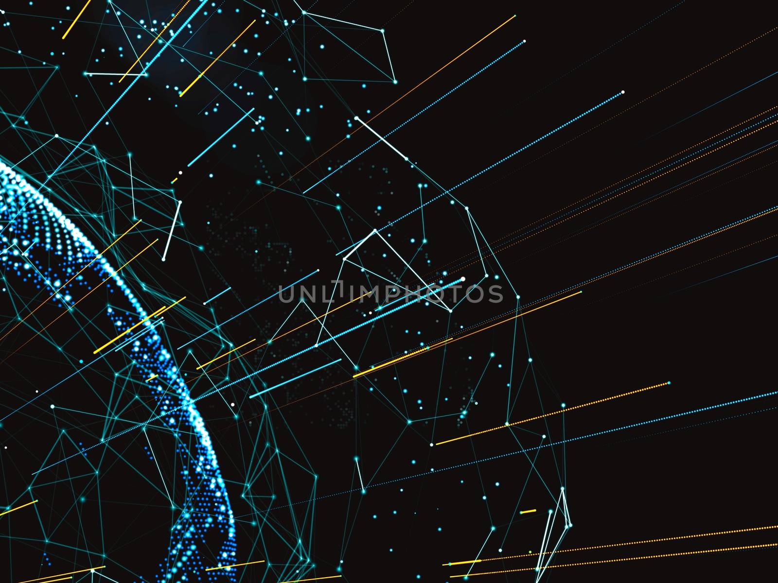 An array of points in the form of a world map are connected to the network. Social networks, payments, the Internet presented in an abstract digital form. 3d illustration