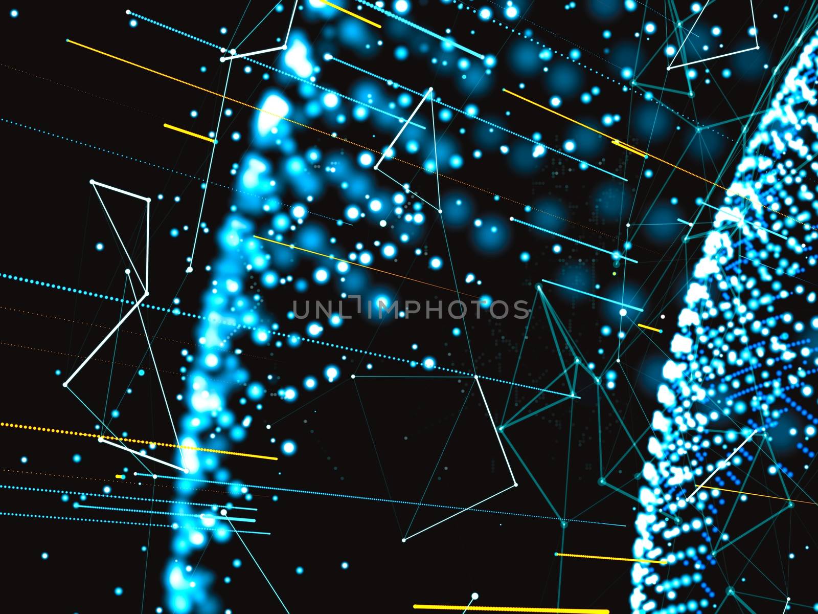 An array of points in the form of a world map are connected to the network. Social networks, payments, the Internet presented in an abstract digital form. 3d illustration