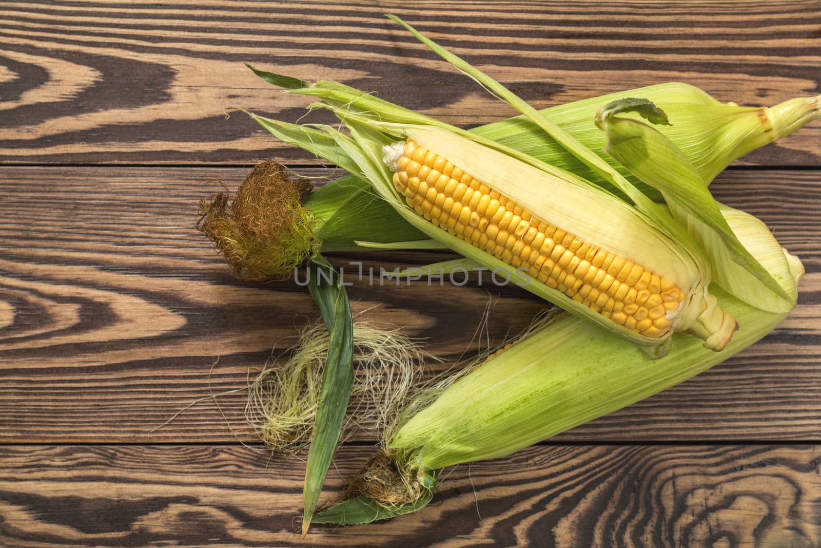 Fresh corn on cobs on rustic wooden table, top view. Dark wooden background freshly harvested organic corn.