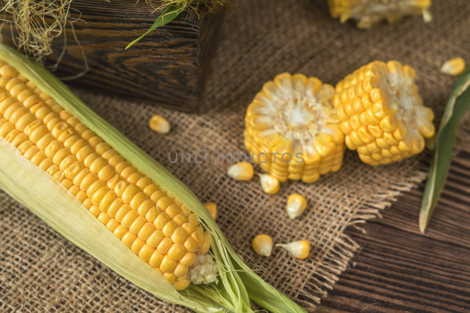Fresh corn on cobs on rustic wooden table, top view. Dark wooden background freshly harvested organic corn.