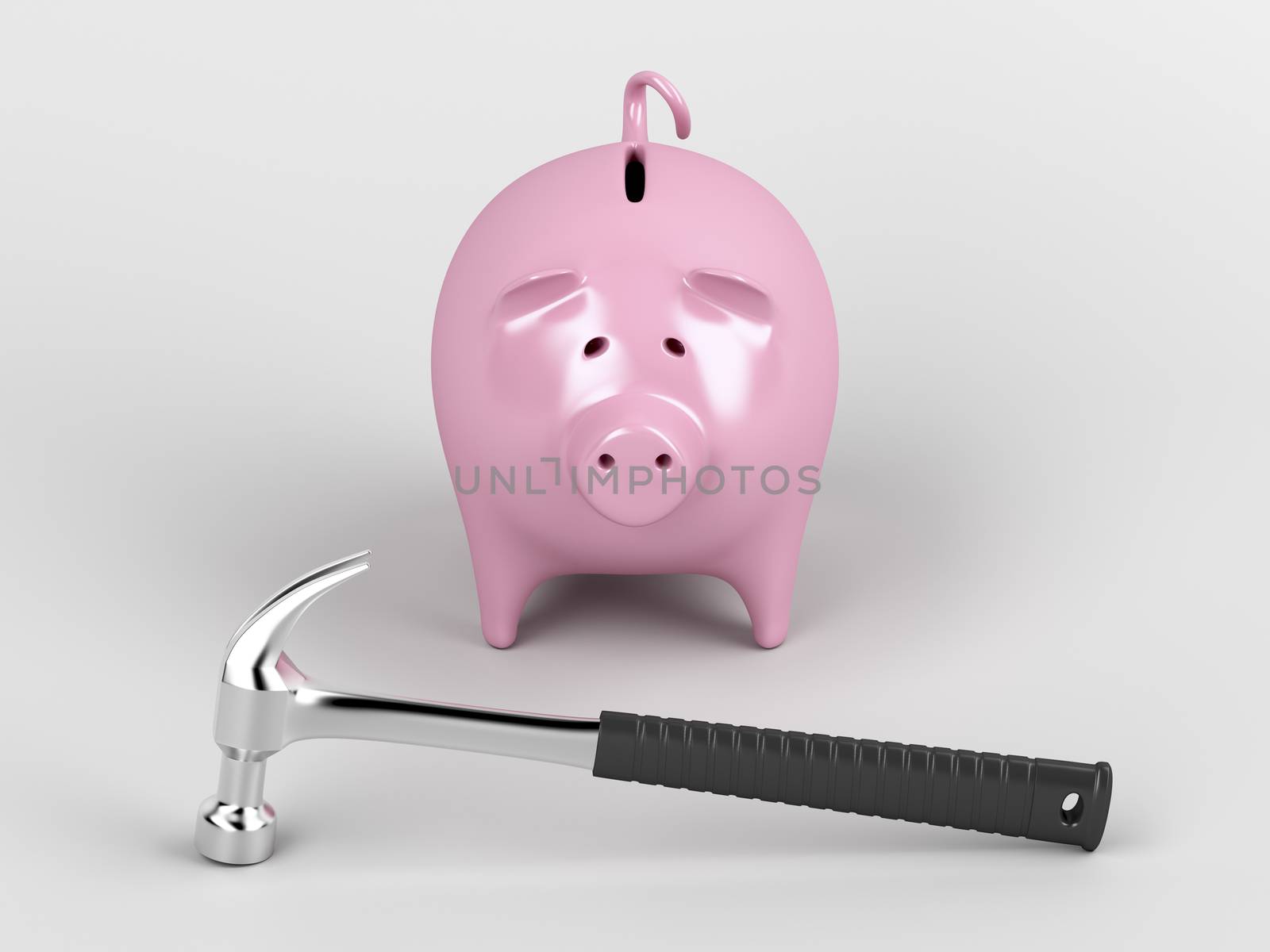 Piggy bank and hammer on gray background 