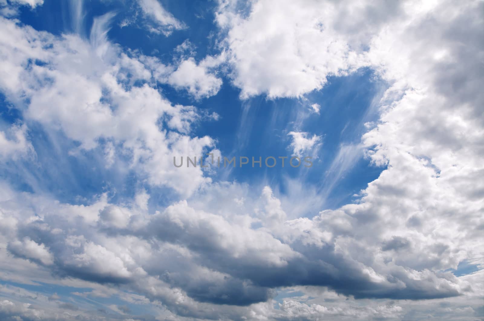 Blue sky with white clouds, wide angle