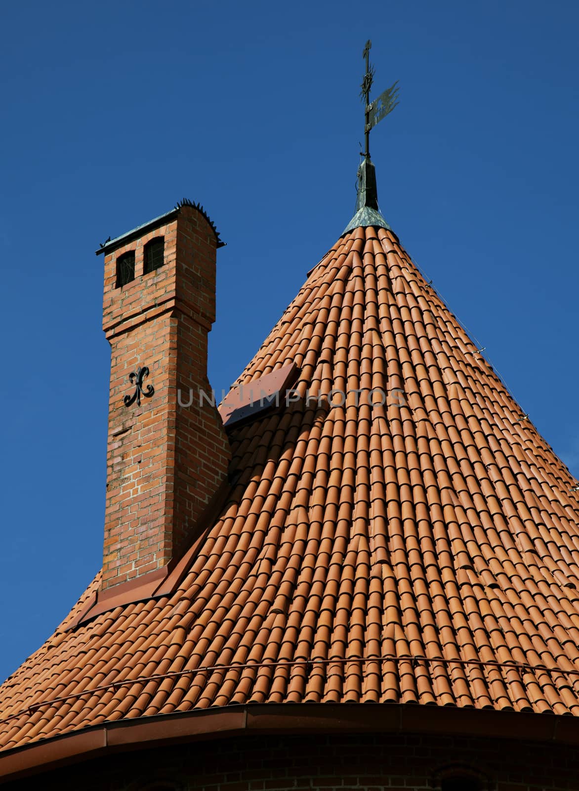 Tower roof of the medieval Trakai Castle, near Vilnius, Lithuania