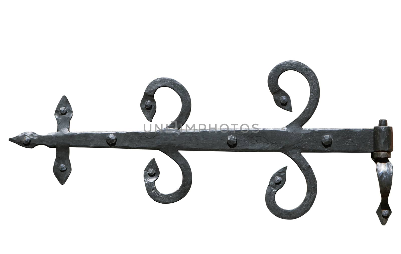 Decorative metal hinge isolated over white background