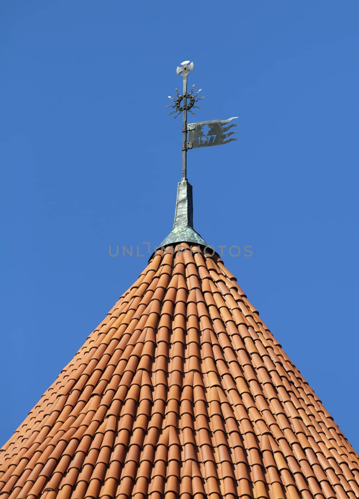 Tower roof of the medieval Trakai Castle, near Vilnius, Lithuania