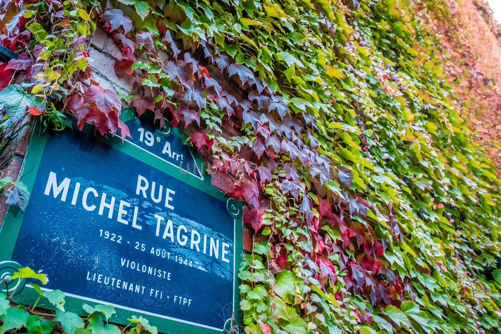 Michel Tagrine street in 19th arrondissement district of Paris with a background of red and green leaves