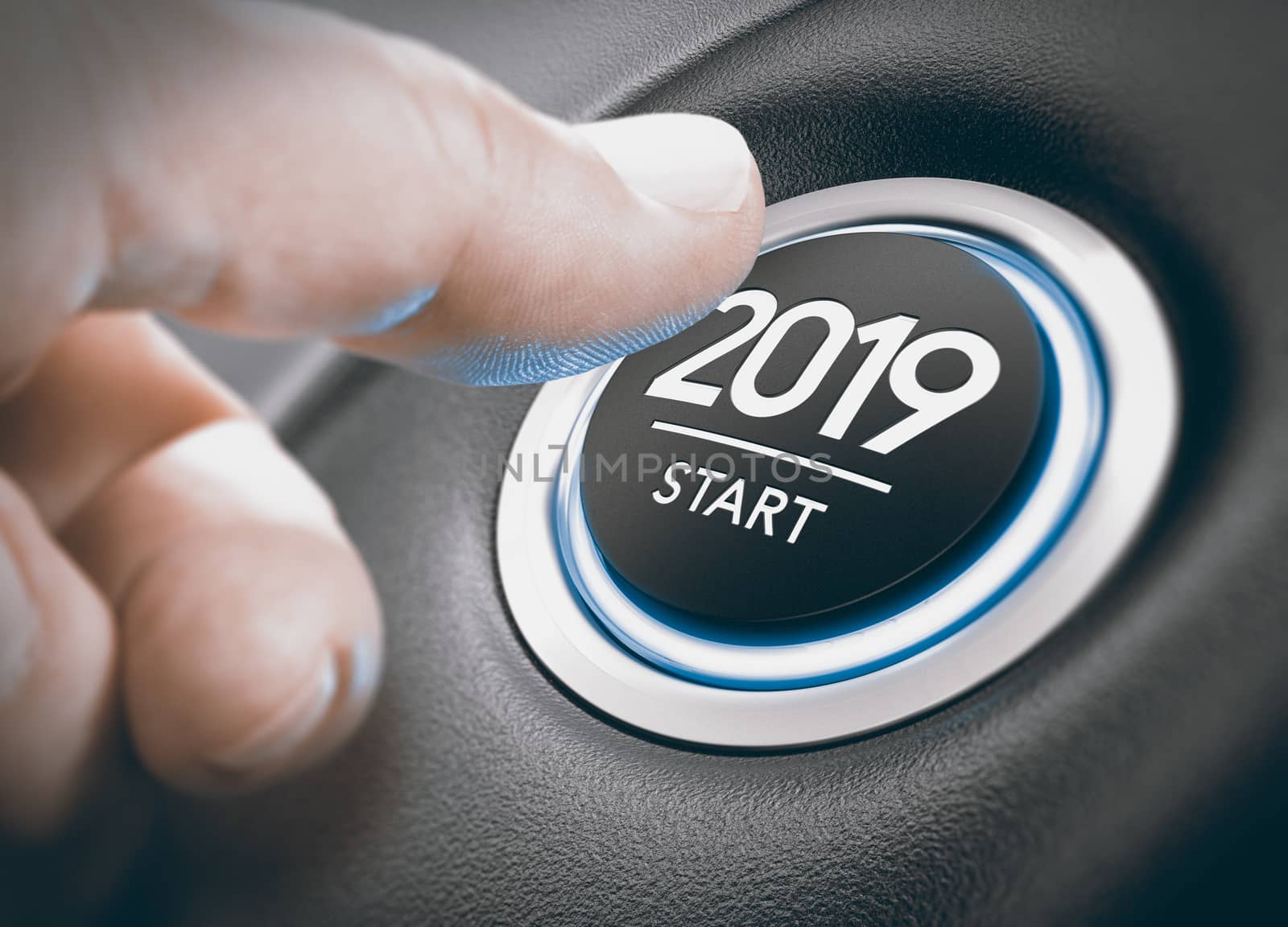 Finger pressing a 2019 start button. Concept of new year, two thousand nineteen. Composite between a photography and a 3D background