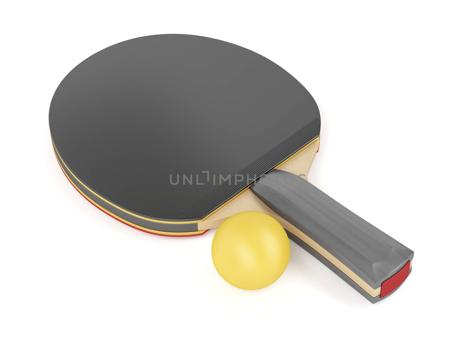 Table tennis racket and orange ball on white background