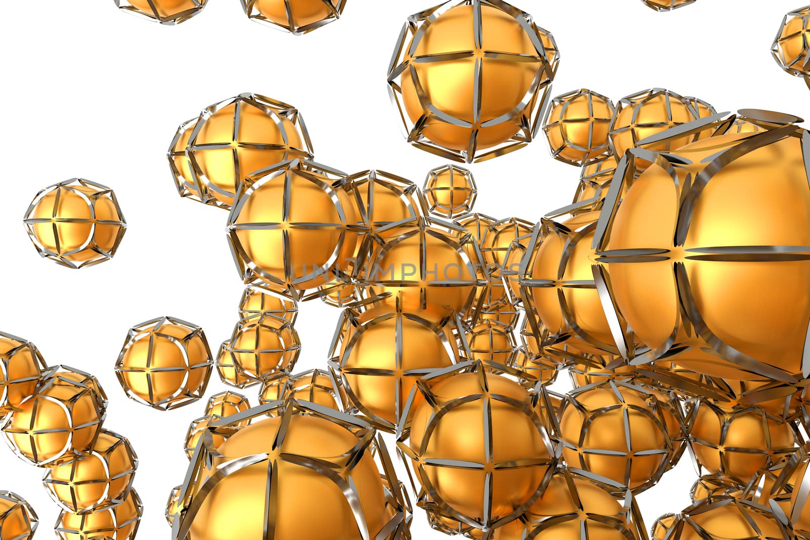 Abstract background from metal spheres in a frame shell. 3d illustration on white background. Template for your design