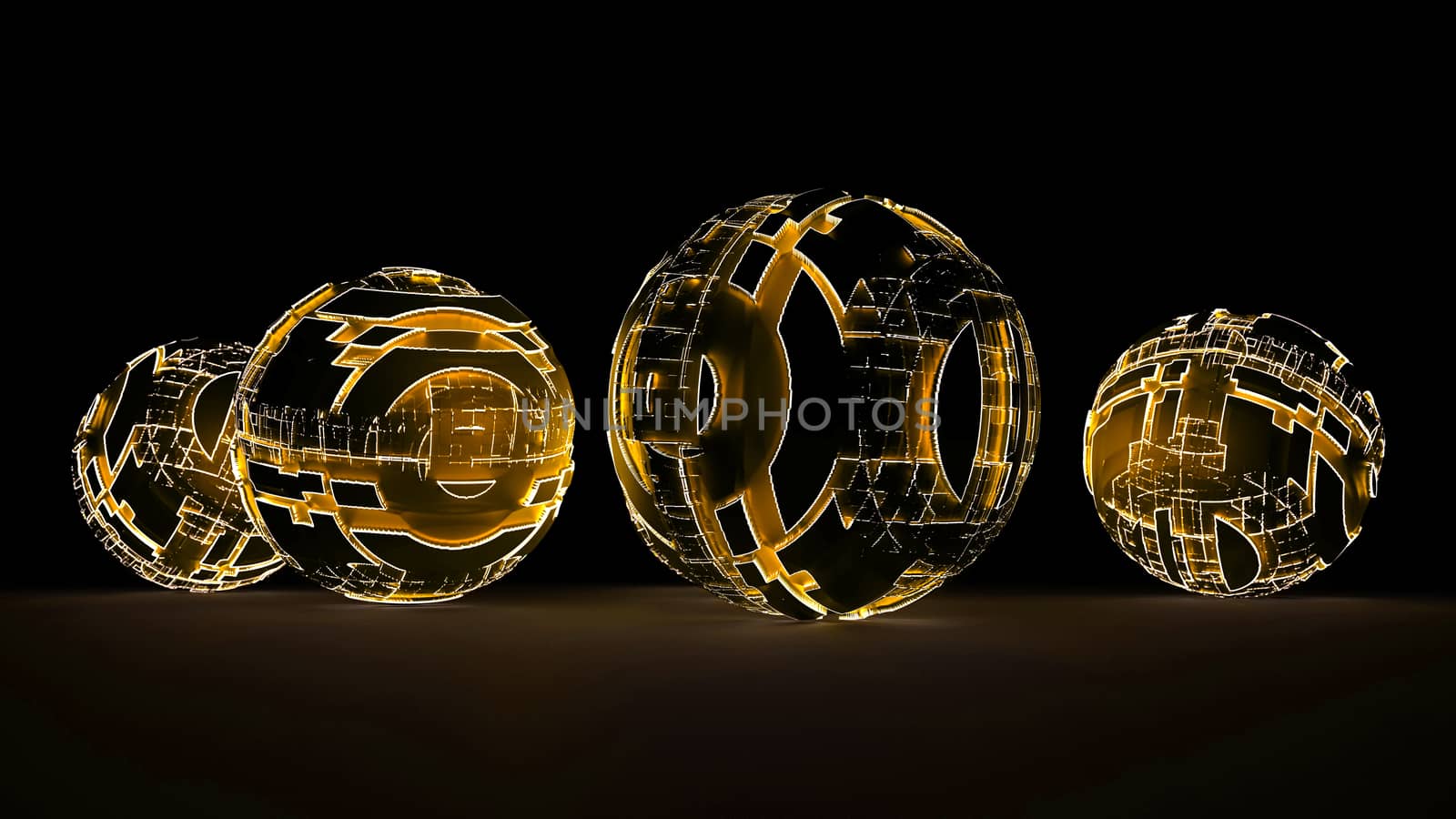 Abstract Futuristic Spheres Glowing Yellow Light Lay On The Black Surface. Futuristic Background. 3D Illustrations