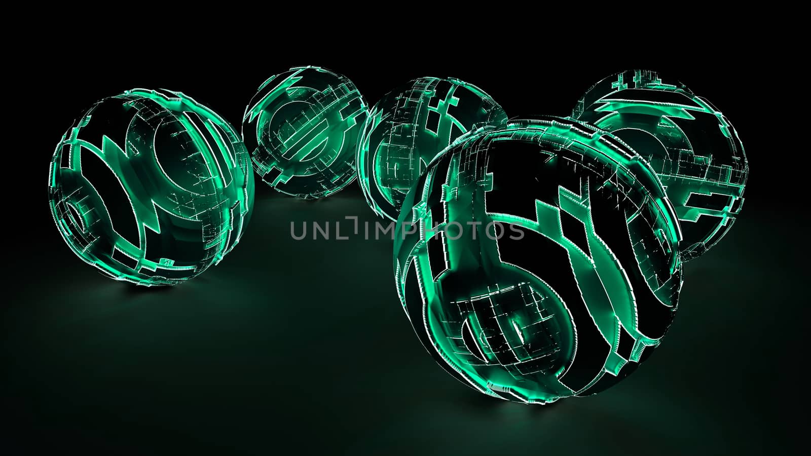 Abstract Futuristic Spheres Glowing Green Light Lay On The Black Surface. Futuristic Background. 3D Illustrations