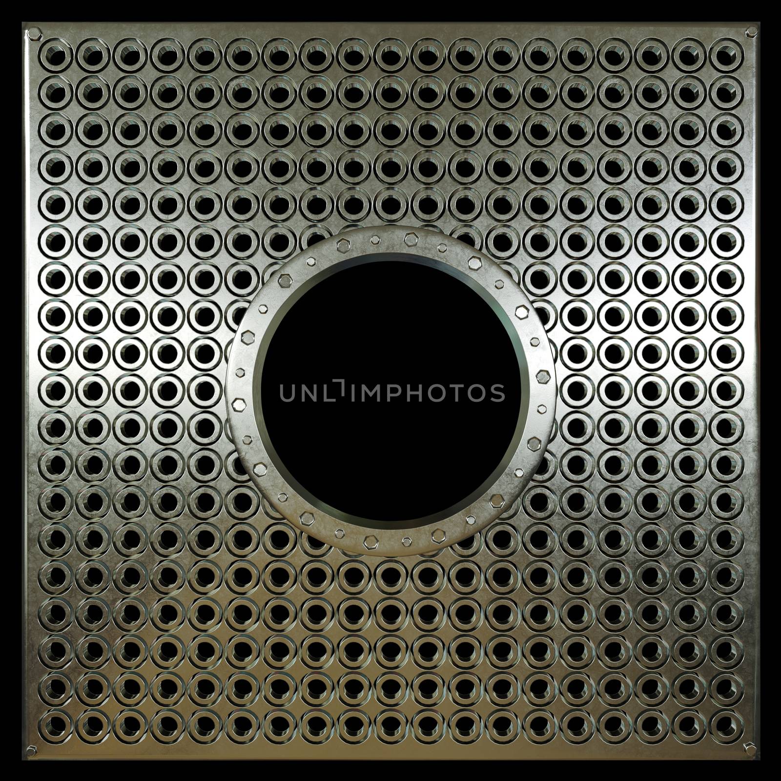 metal plate with holes on isolate black concept photo by denisgo