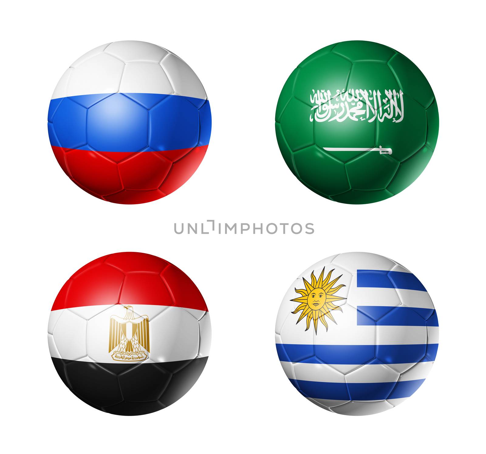 3D soccer balls with group A teams flags, Football competition Russia 2018. isolated on white