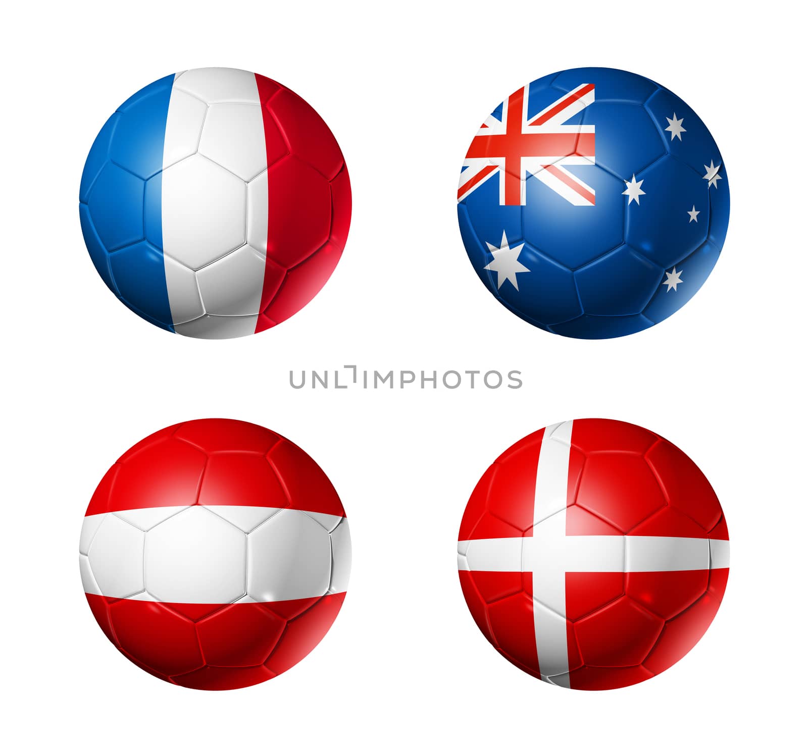 3D soccer balls with group C teams flags, Football competition Russia 2018. isolated on white