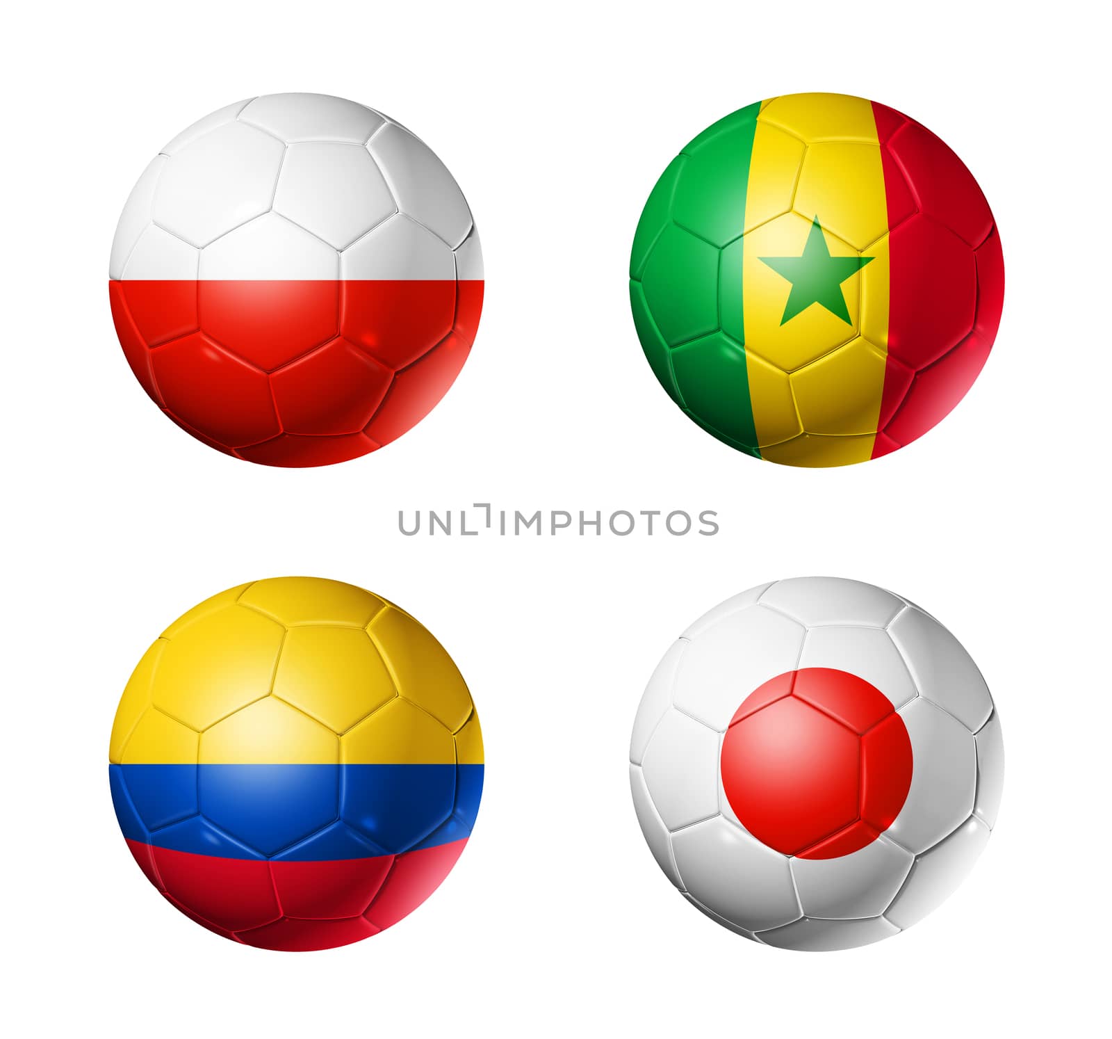 3D soccer balls with group H teams flags, Football competition Russia 2018. isolated on white