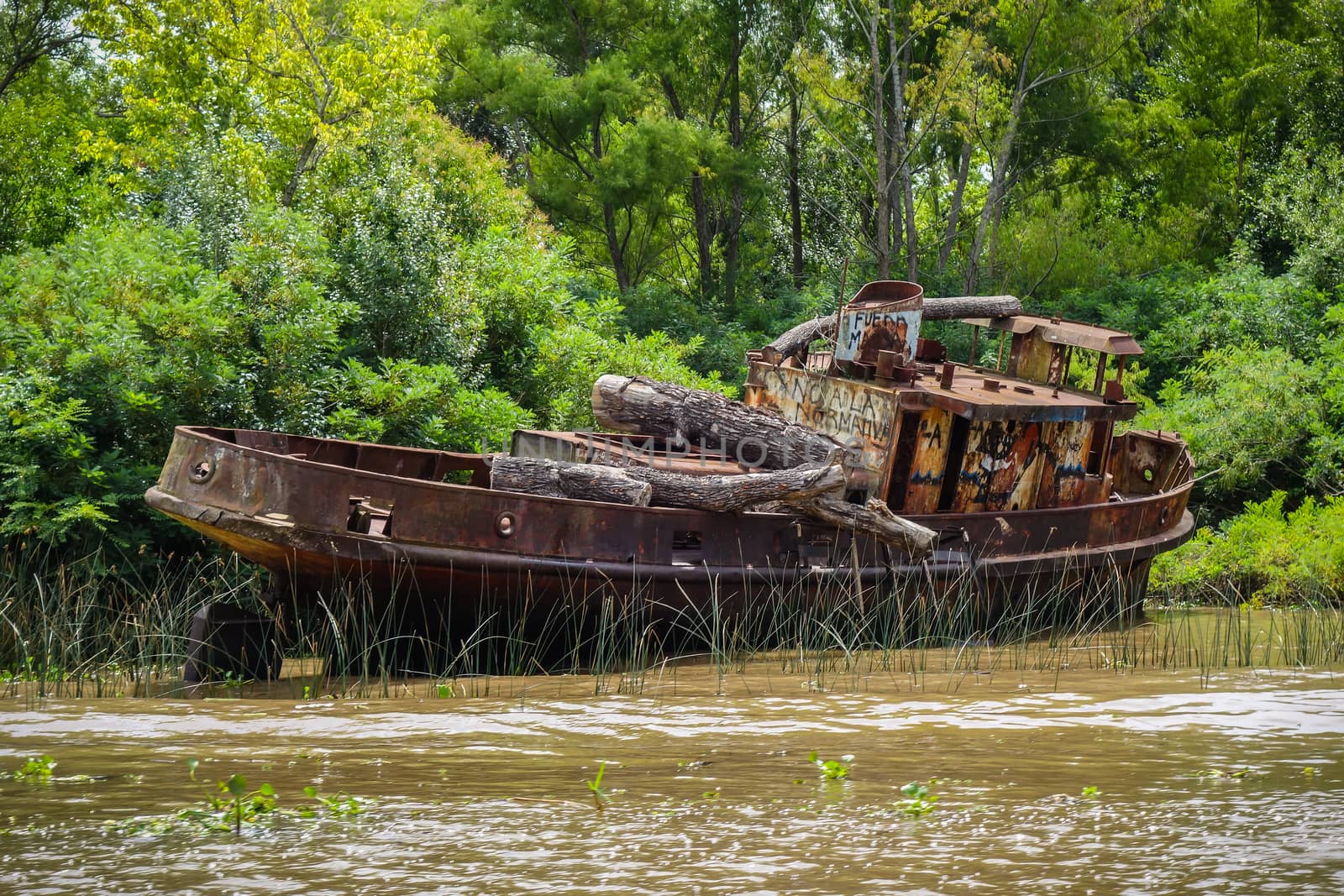 Old rusty boat on the Tigre river Delta. Buenos Aires