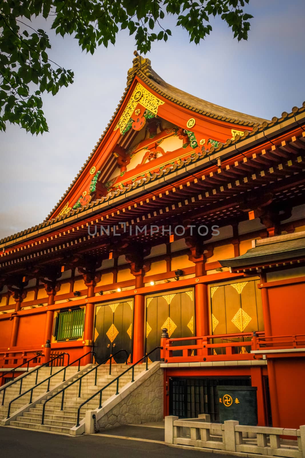 Senso-ji Kannon temple Hondo at sunset, Tokyo, Japan