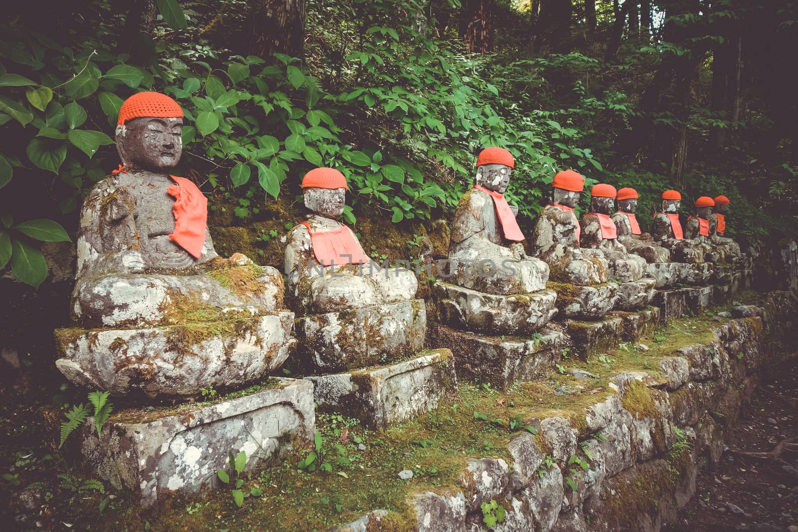 Narabi Jizo statues landmark in Kanmangafuchi abyss, Nikko, Japan