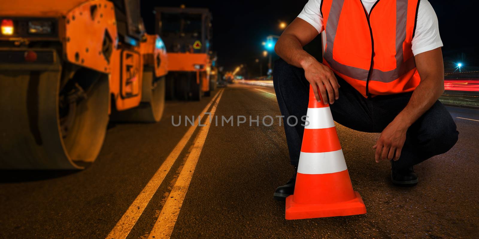 repairing the road in the night city