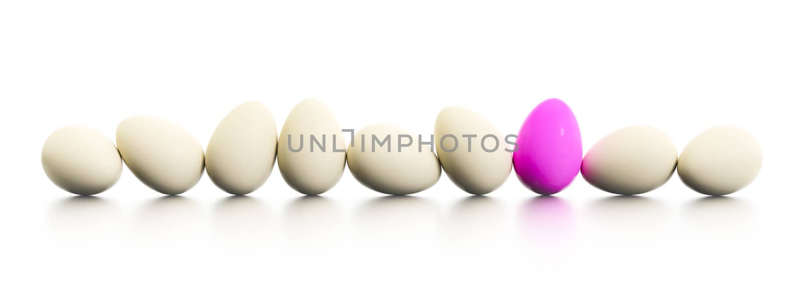 3d illustration of a row of easter eggs one dyed in pink
