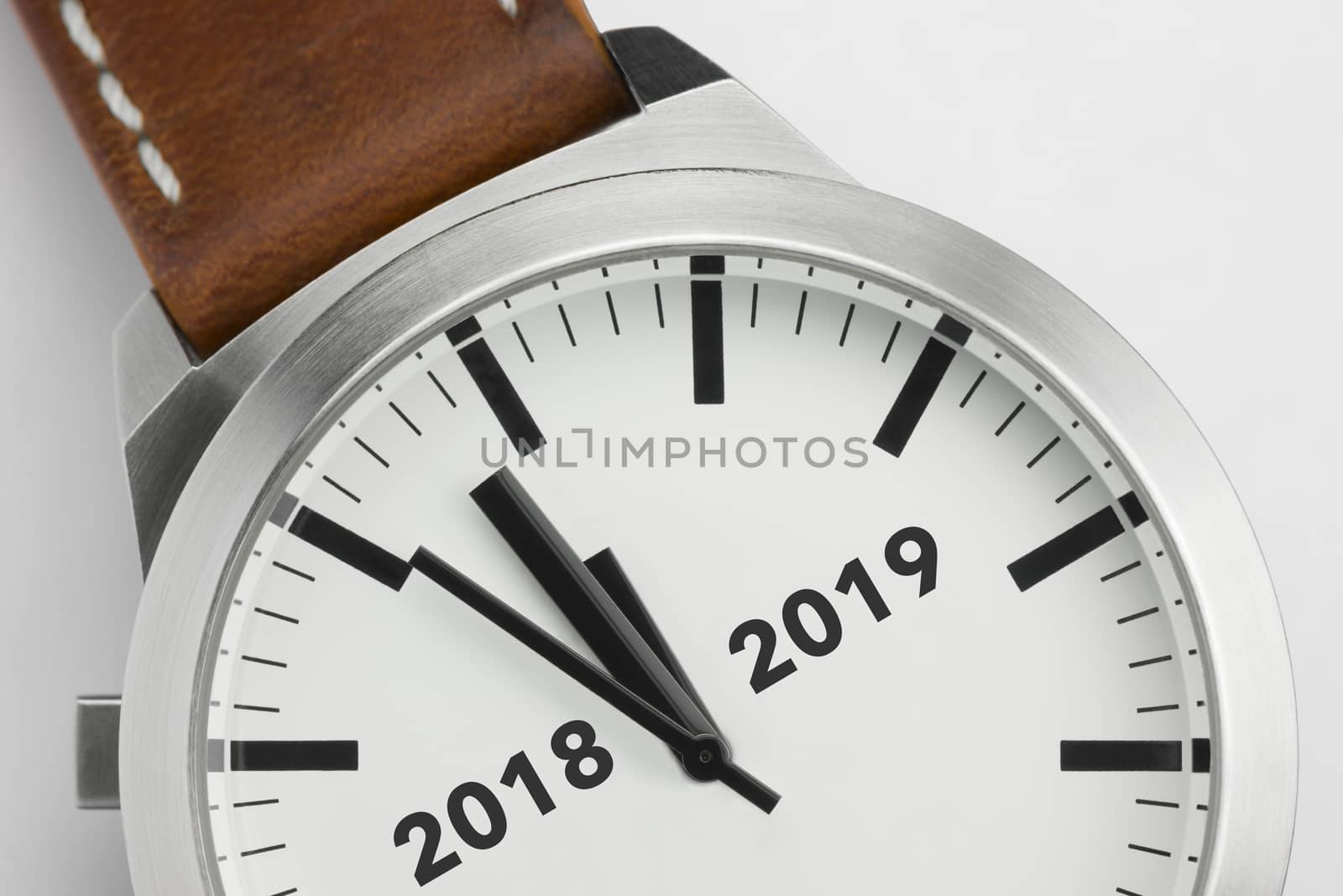 Analog watch with conceptual visualization of the turn of the year 2018 2019
