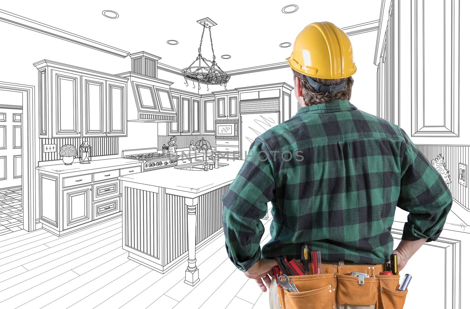 Male Contractor with Hard Hat and Tool Belt Looking At Custom Kitchen Drawing On White. by Feverpitched