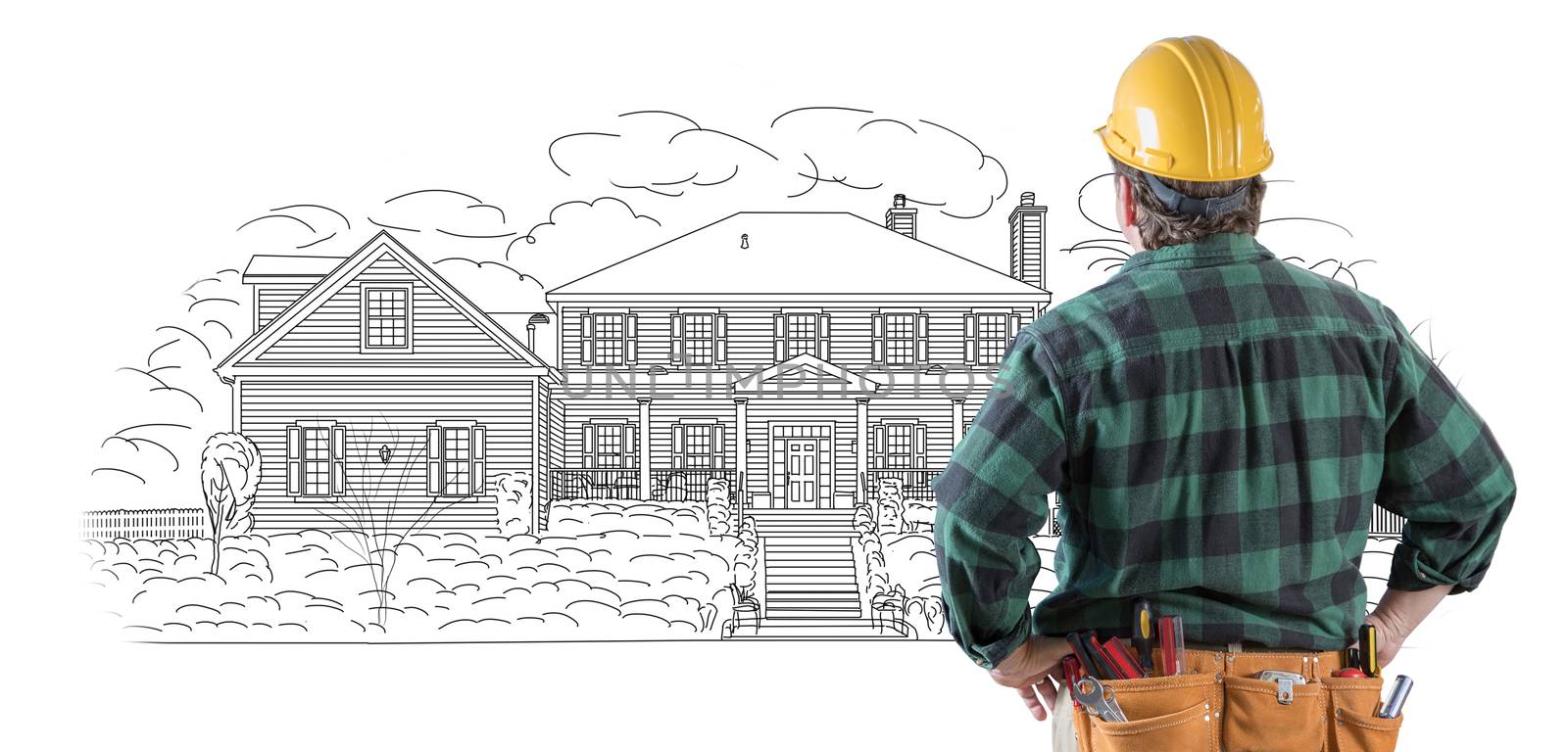 Male Contractor with Hard Hat and Tool Belt Looking At Custom House Drawing On White. by Feverpitched