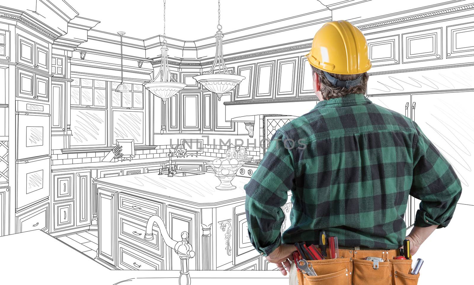 Male Contractor with Hard Hat and Tool Belt Looking At Custom Kitchen Drawing On White.