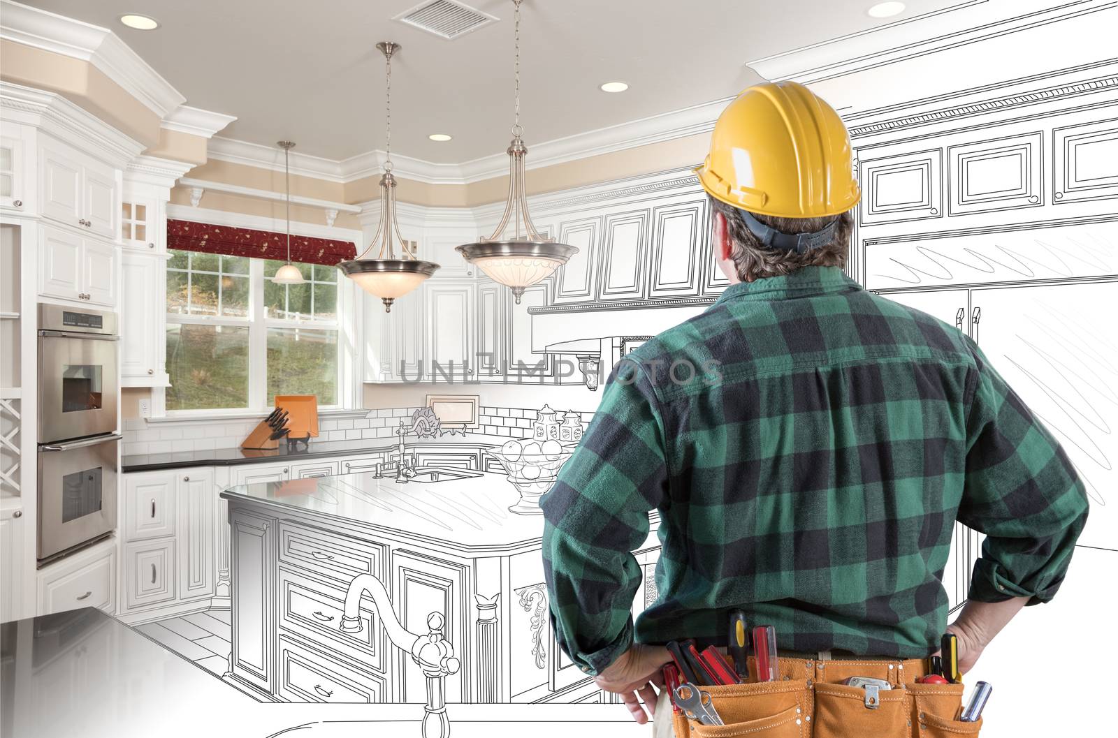 Male Contractor with Hard Hat and Tool Belt Looking At Custom Kitchen Drawing Photo Combination On White. by Feverpitched
