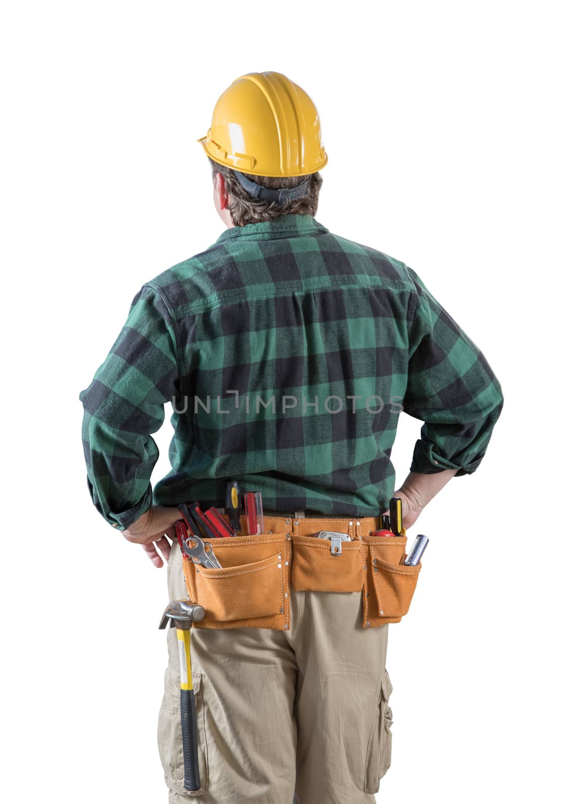 Male Contractor with Hard Hat and Tool Belt Looking Away Isolated by Feverpitched