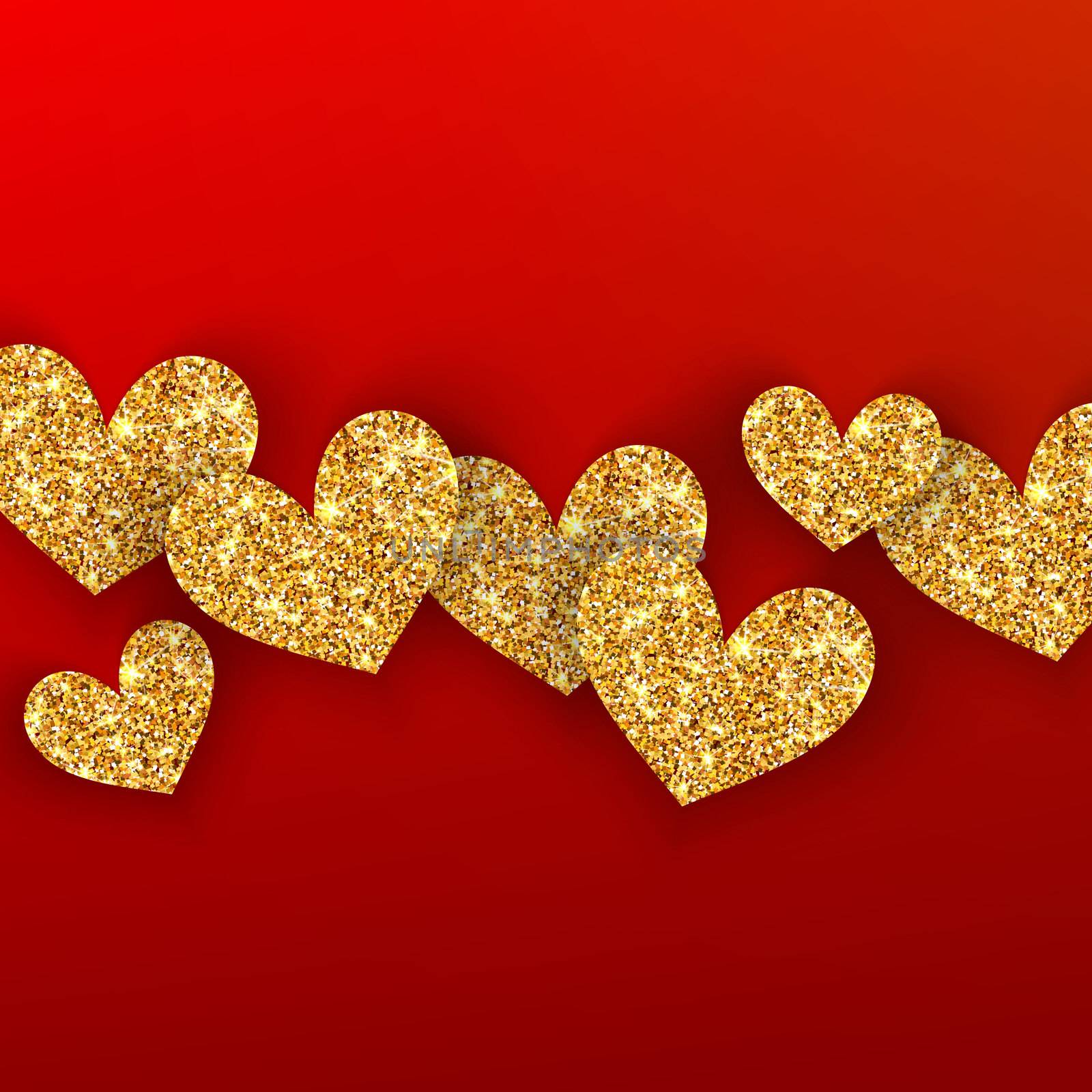 Realistic golden hearts on red background. Happy Valentines Day concept for greating card. Romantic Valentine gold hearts. Weeding design elements
