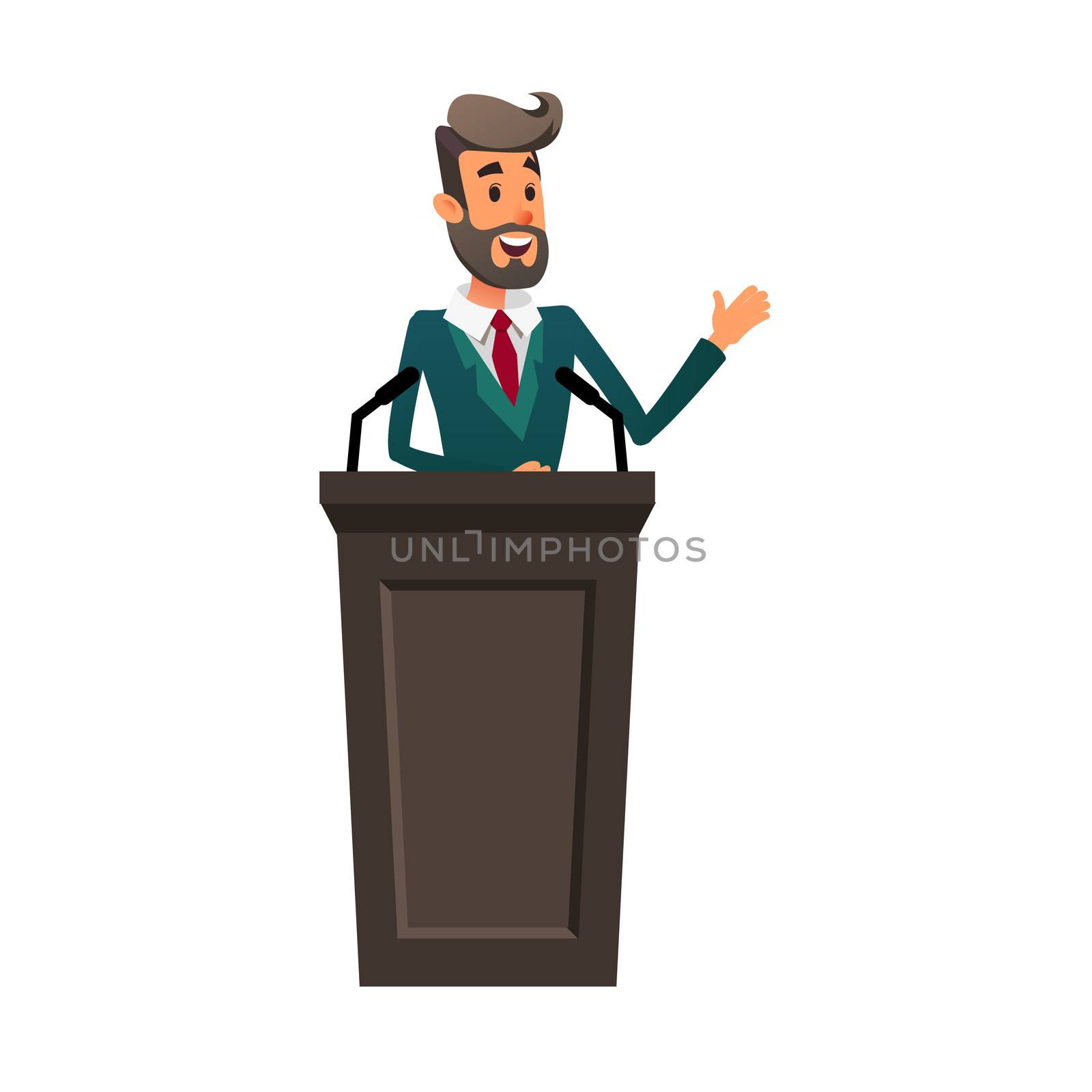 The lecturer stands behind the rostrum. The speaker lectures and gestures. A young politician speaks to the public. Orator broadcasts on the podium.