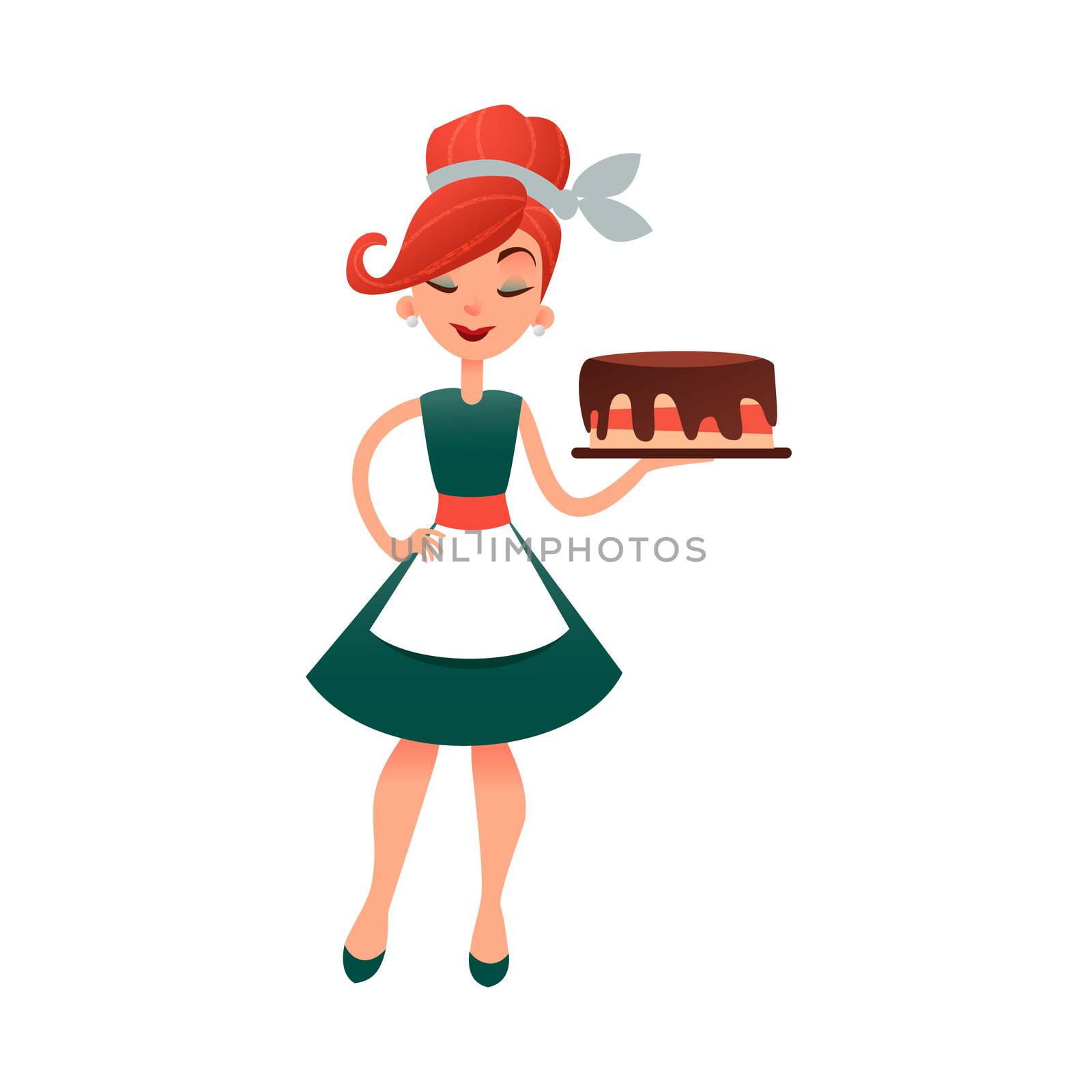 Funny cartoon housewife with cake. Happy homemaker with bakery product. Beautiful woman in old retro style. Young lady baking pie. by Elena_Garder