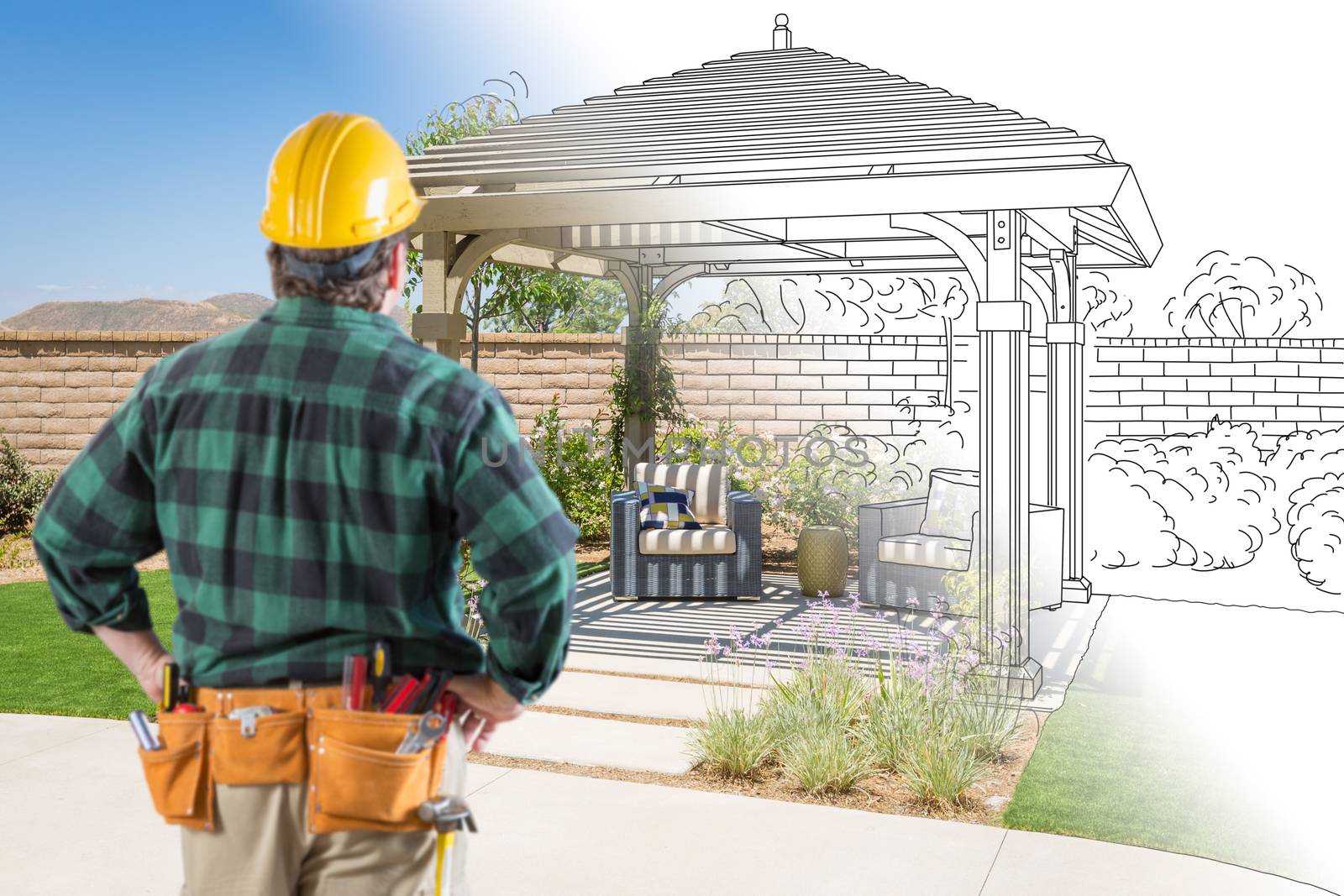 Contractor Standing Looking At Patio Pergola Design Drawing and Photo Combination.