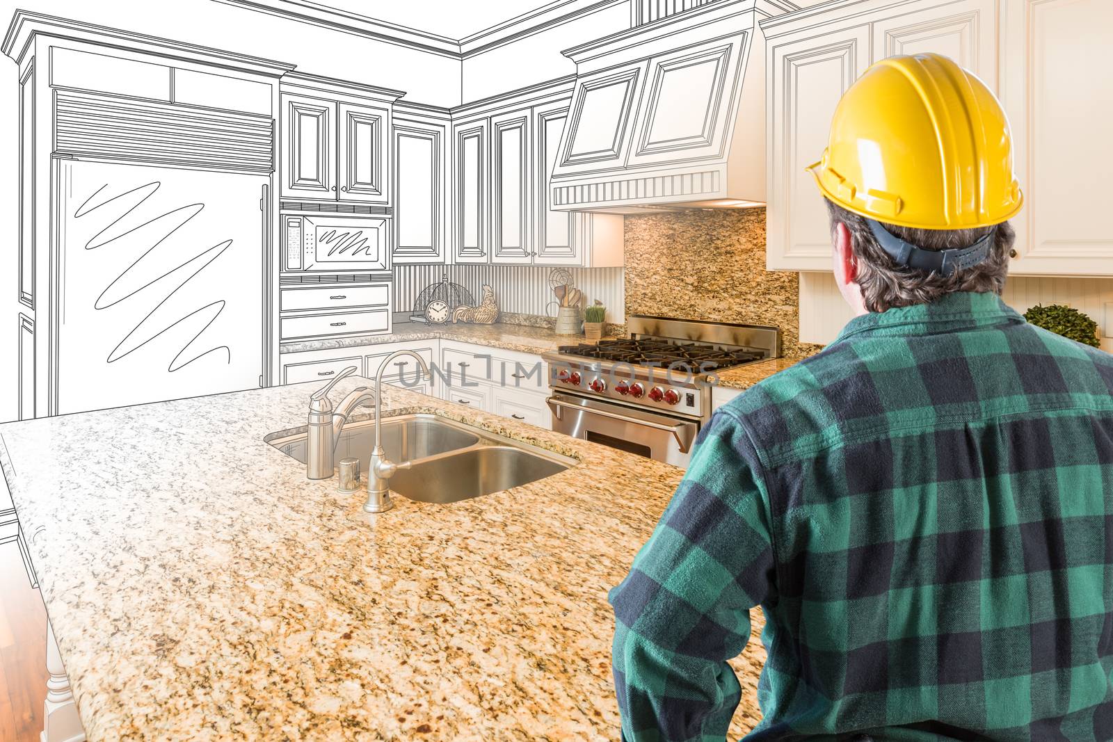 Male Contractor with Hard Hat and Tool Belt Looking At Custom Kitchen Drawing Photo Combination On White. by Feverpitched