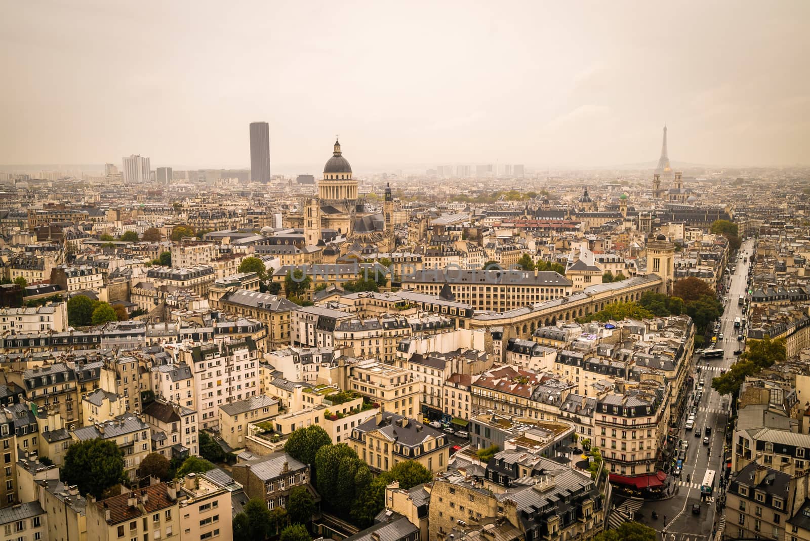 Eiffel tower, Pantheon and Montparnasse tower in the fog and clouds