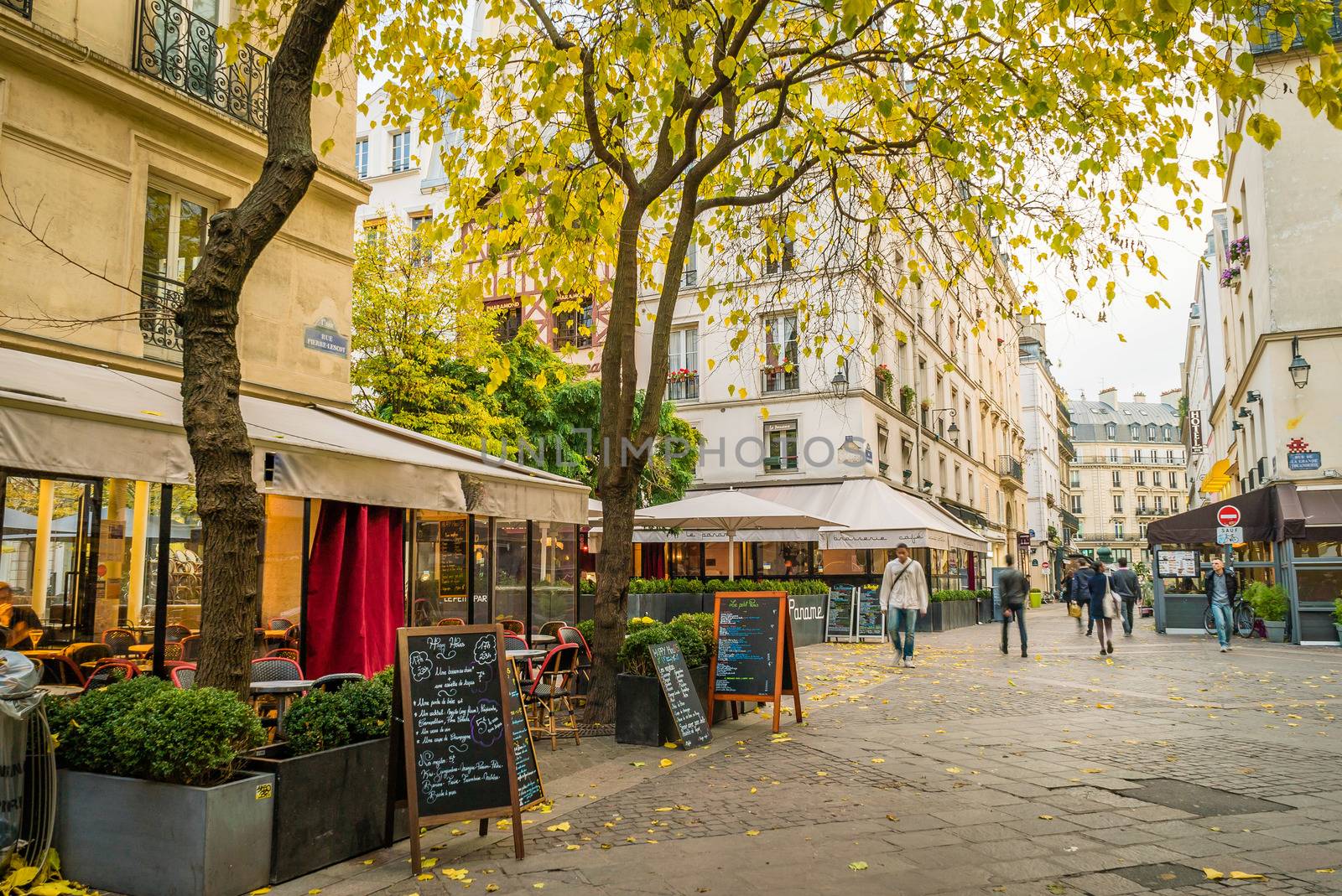 Paris street in Les Halles district with bars and restaurants