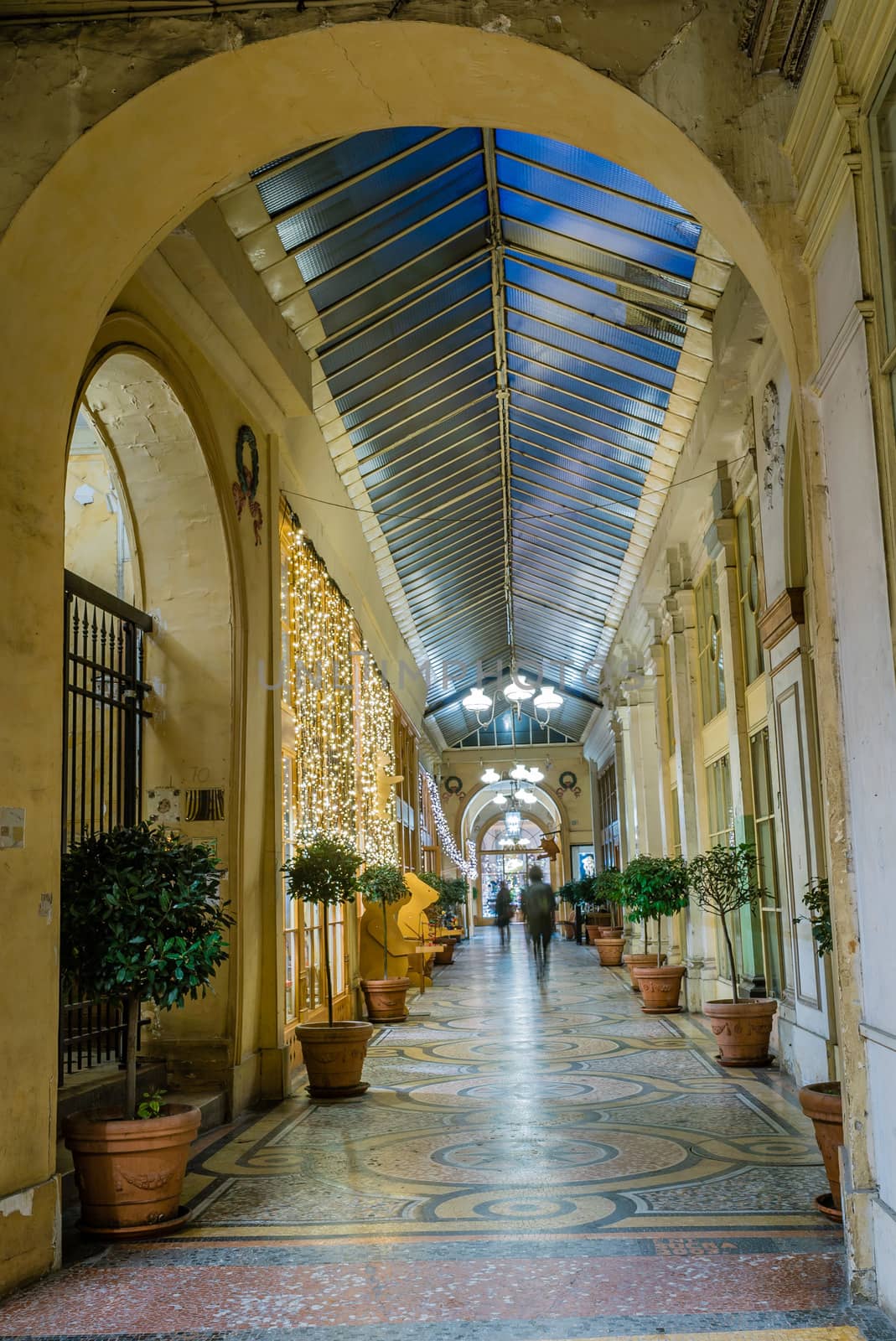 Glass roof in galerie Vivienne in Paris at night