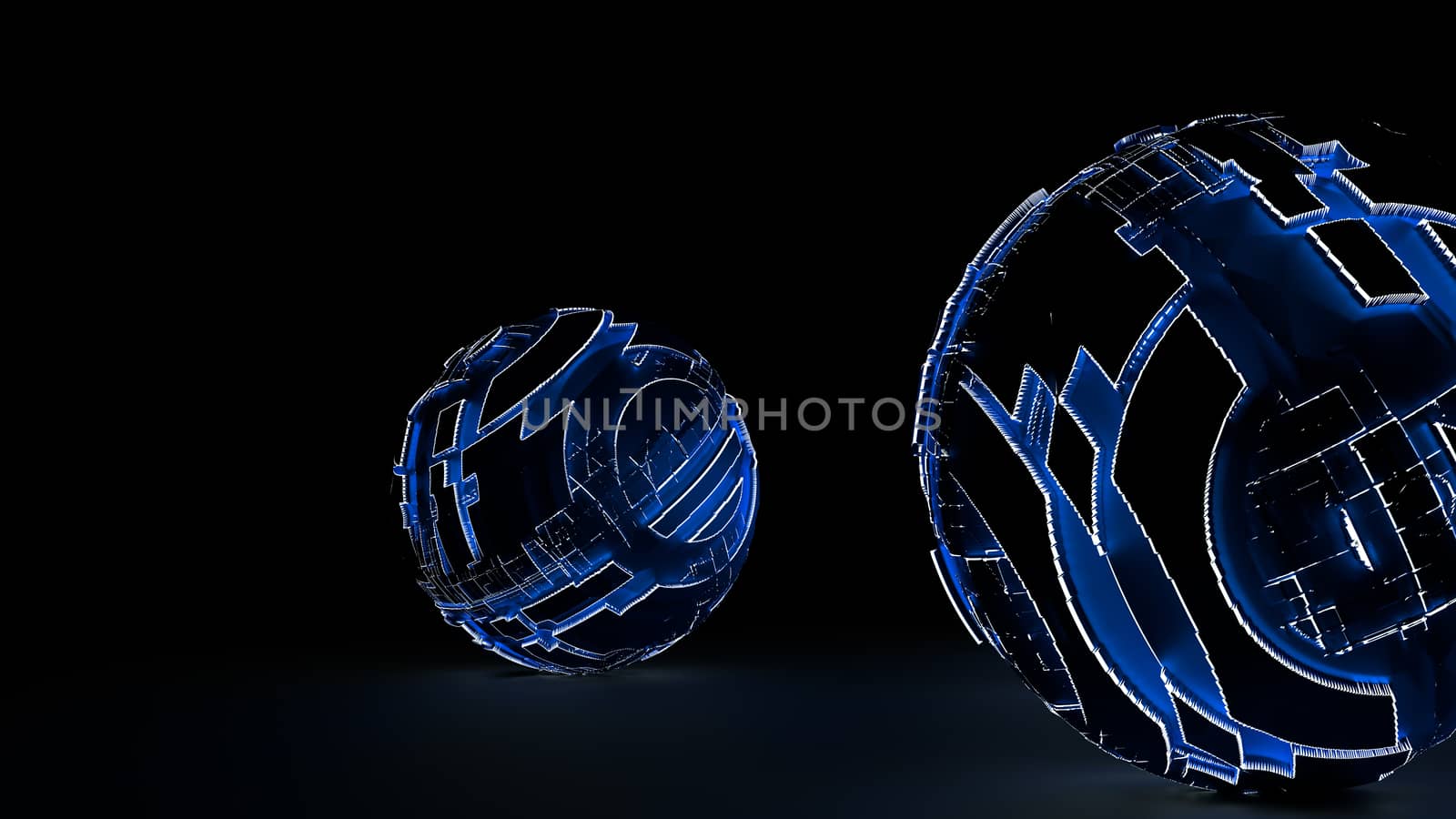 Abstract Futuristic Spheres Glowing Blue Light Lay On The Black Surface. Futuristic Background. 3D Illustrations