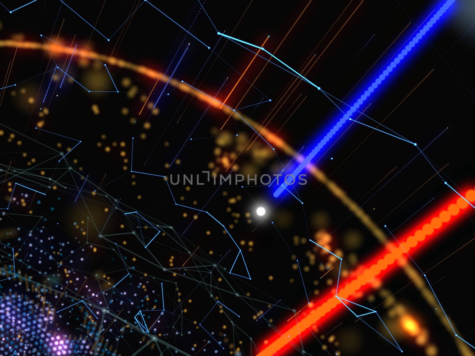 Abstract Connected Bright Dots On Dark Background. Technology Concept. 3D Illustration