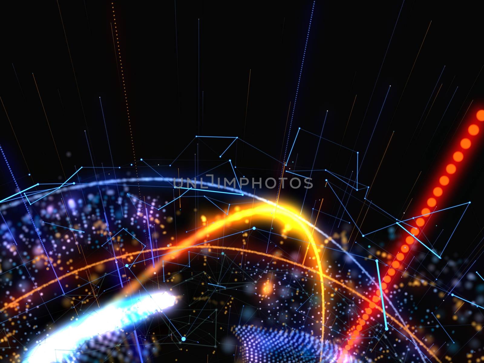Concept of Network, Internet Communication. Bright Lines And Points Connected To Each Other. 3D Illustration
